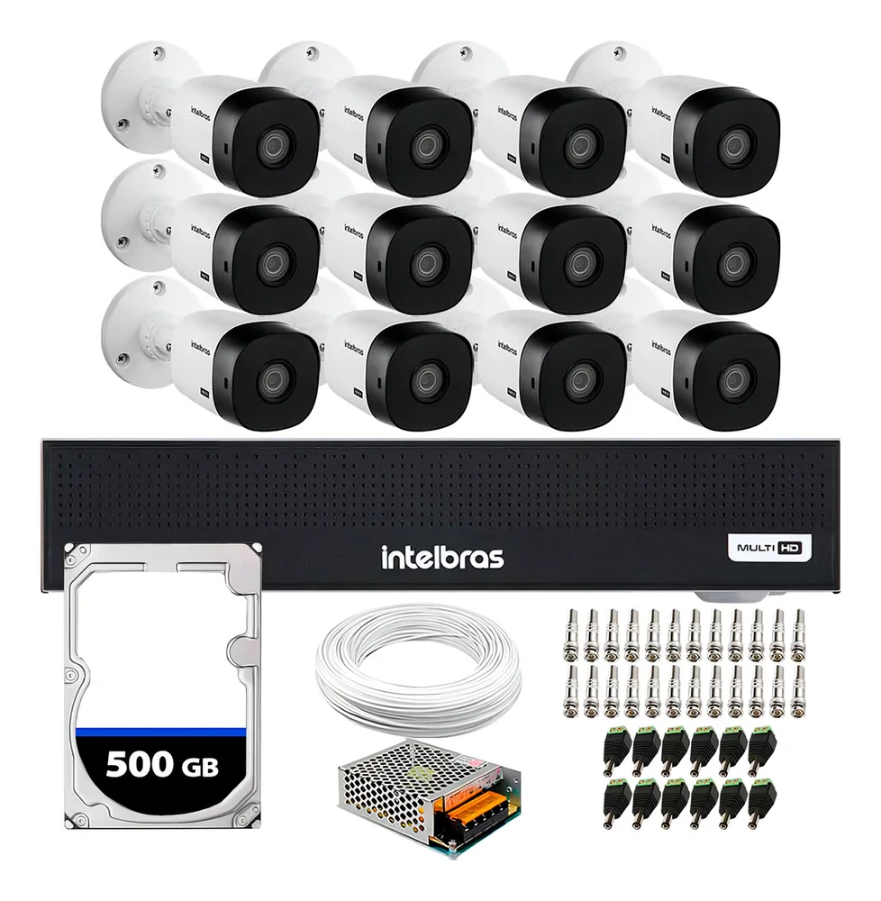 Kit 12 Câmeras Intelbras Vhl1220b Full HD 1080p, Visão Noturna 20m, Proteção Ip66 + Dvr Gravador Mhdx 1016-c 16 Canais + HD 500GB