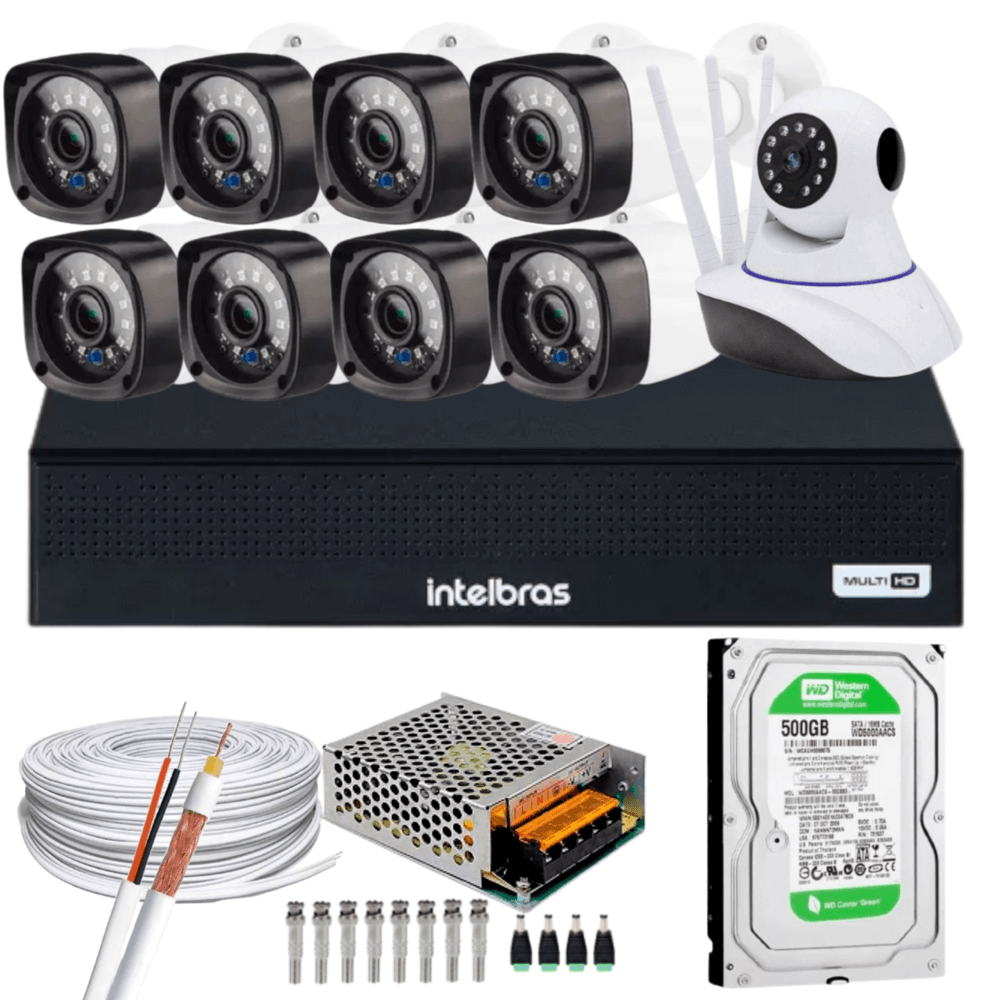 Kit Dvr Intelbras, 8 Canais, H.265, 500GB, 8 Câmeras, FULL HD, 20 Metros + 1 Câmeras Ip, C/audio