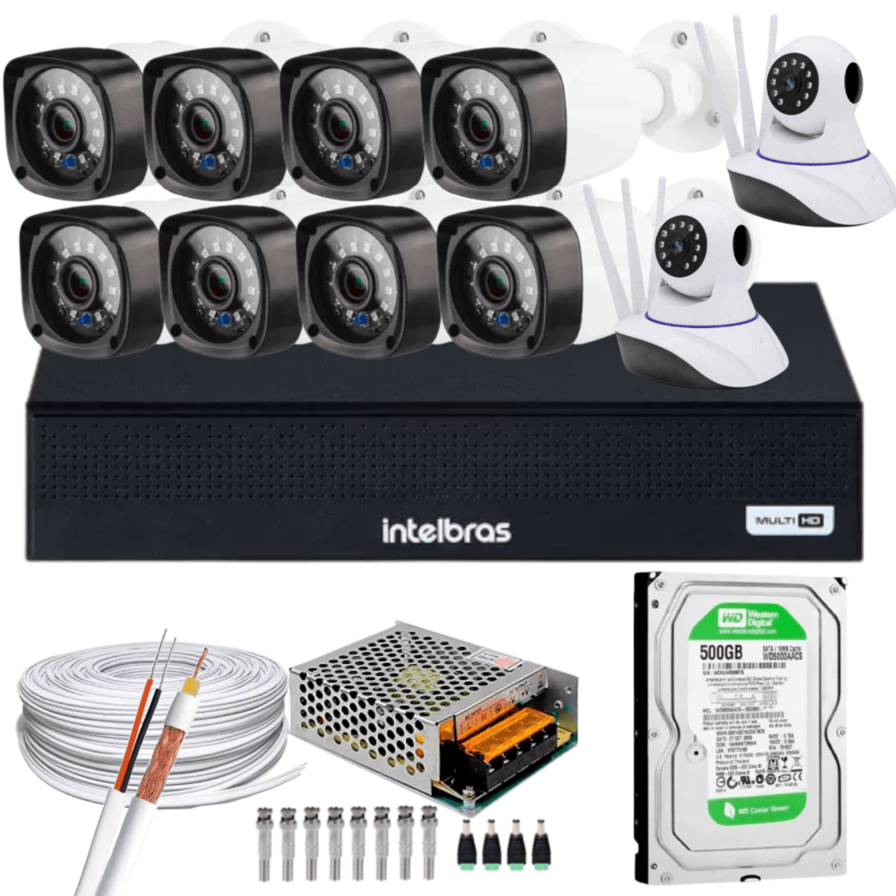 Kit Dvr Intelbras, 8 Canais, H.265, 500GB, 8 Câmeras, FULL HD, 20 Metros+2 Câmeras Ip, C/audio