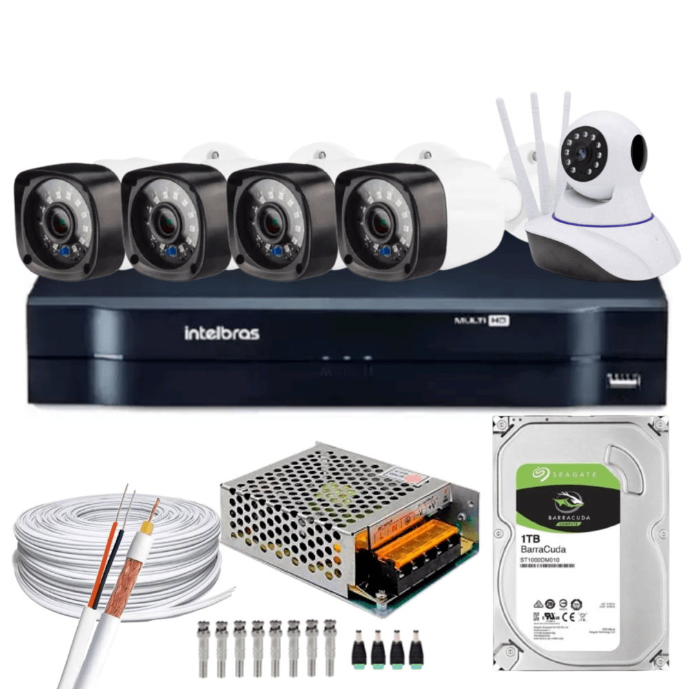 Kit Dvr Intelbras, 4 Canais H.265, 1tb, 4 Câmeras HD, 20 Metros + 1 Câmeras Ip, C/audio