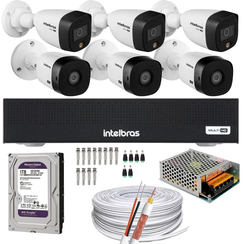 Kit Intelbras + 3 Câmeras Full Color + 3 Câmeras 1220b Full HD + DVR Mhdx 1008-c Canais, Com 1TB Purple