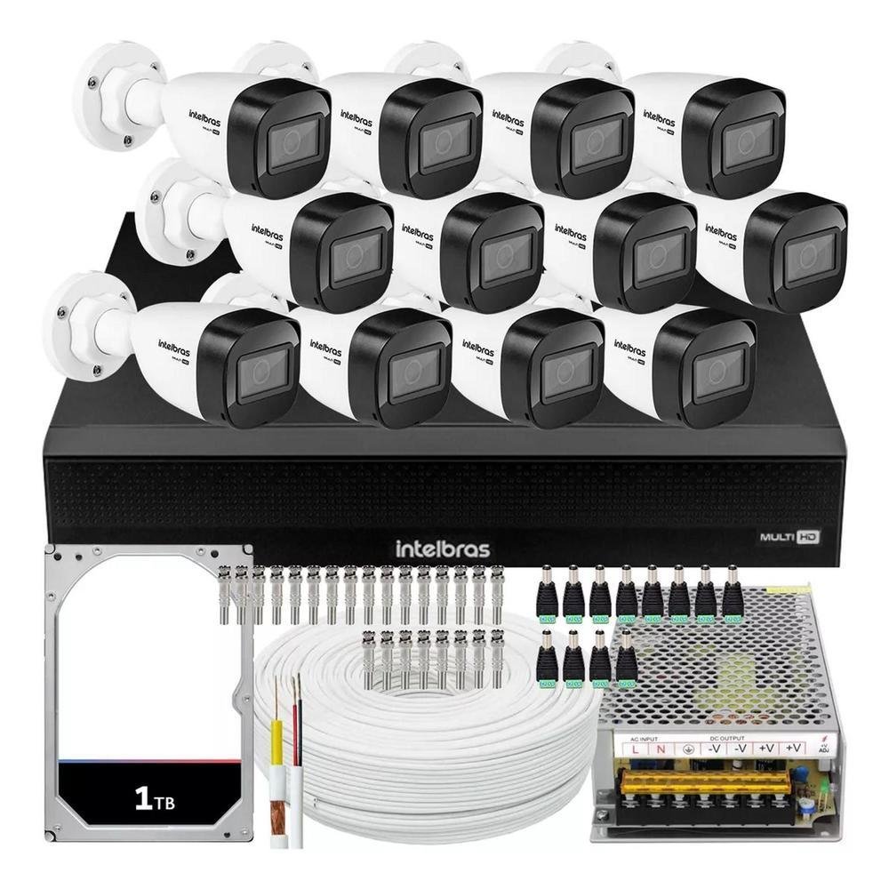 Kit Cftv Monitoramento 12 Câmeras De Segurança Intelbras Vhd 1130 Com Ir 30m + DVR 1016c + HD 1TB