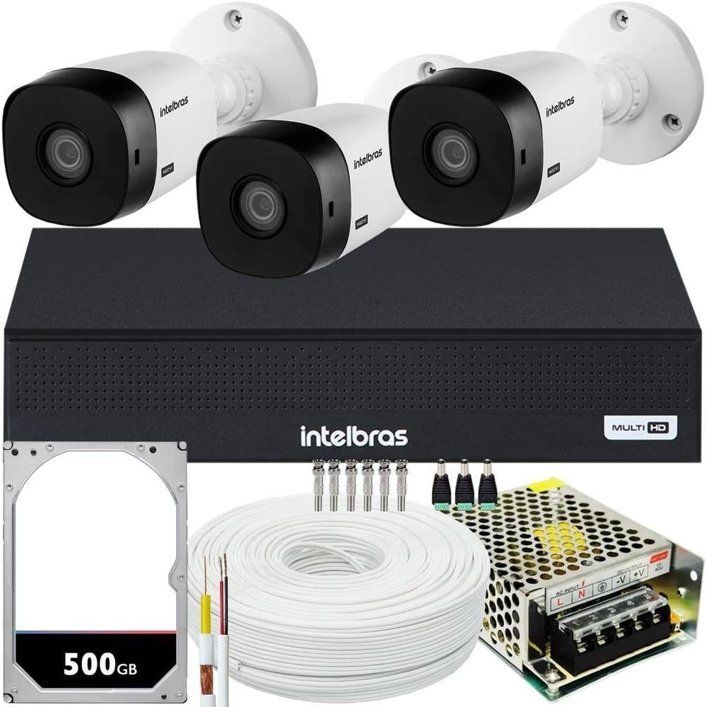 Kit Intelbras Cftv, 3 Cameras VHL 1220 FULL HD + Dvr 1004-c, 4 Canais, HD 500GB