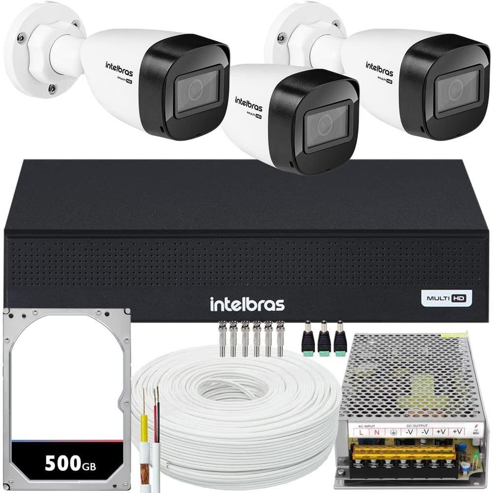 Kit Intelbras Cftv, 3 Cameras VHD 1130B + DVR 1004-c, HD 500GB, Fonte 10a