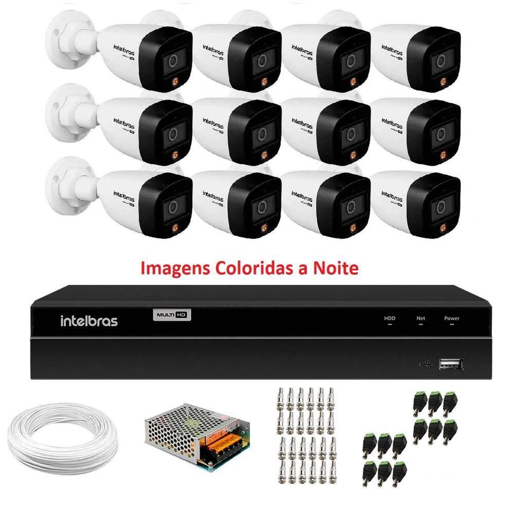 Kit Intelbras, 12 Câmeras VHD 1220B, Full Color, Bullet FULL HD 1080p, 20m + DVR Mhdx 1216,  Multi HD IR