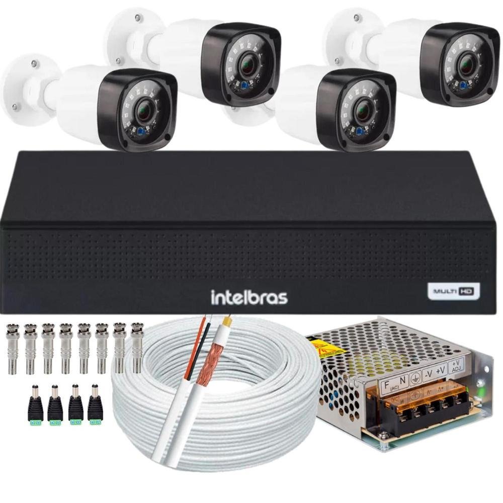 Kit Intelbras Cftv, 4 Cameras De Segurança, FULL HD 1080p, 2 MP, Infravermelho + DVR 1004c, 4 Canais, Multi HD