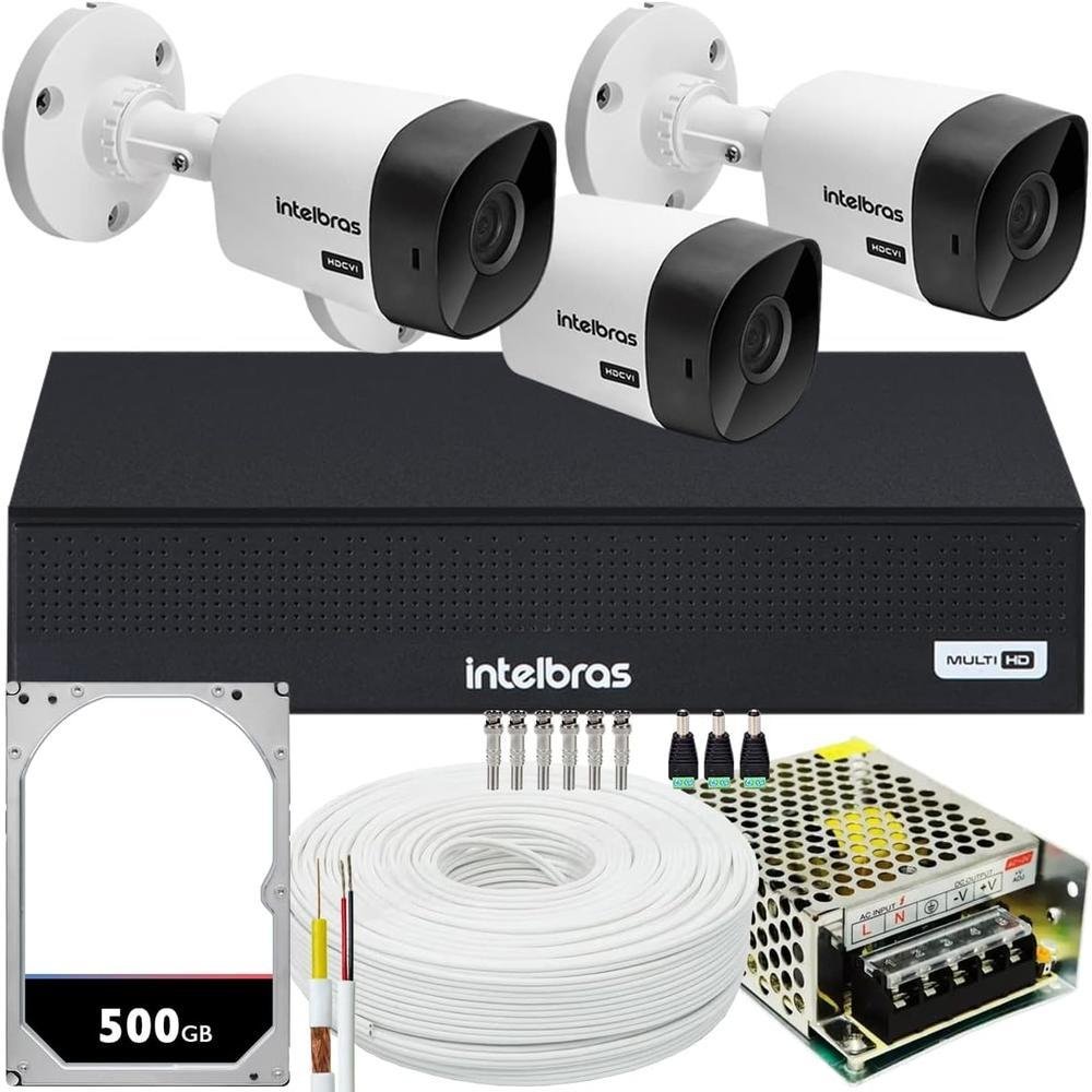 Kit Intelbras Cftv, 3 Câmeras VHC 1120 720p + DVR Mhdx 1004c, HD 500GB