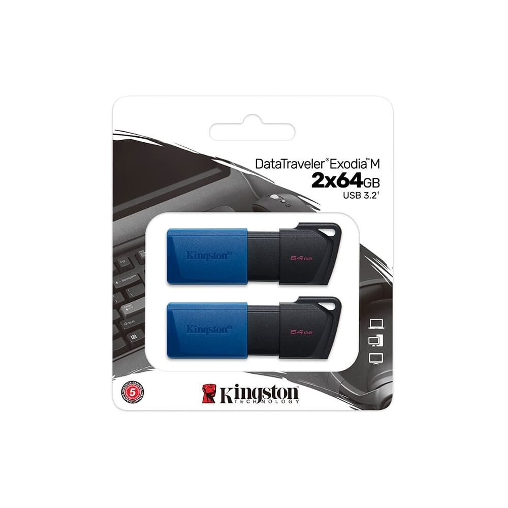 Kit Com 2 Pen Drives 64GB Kingston DataTraveler Exodia M, USB 3.2, Preto e Azul - DTXM/64GB-2P