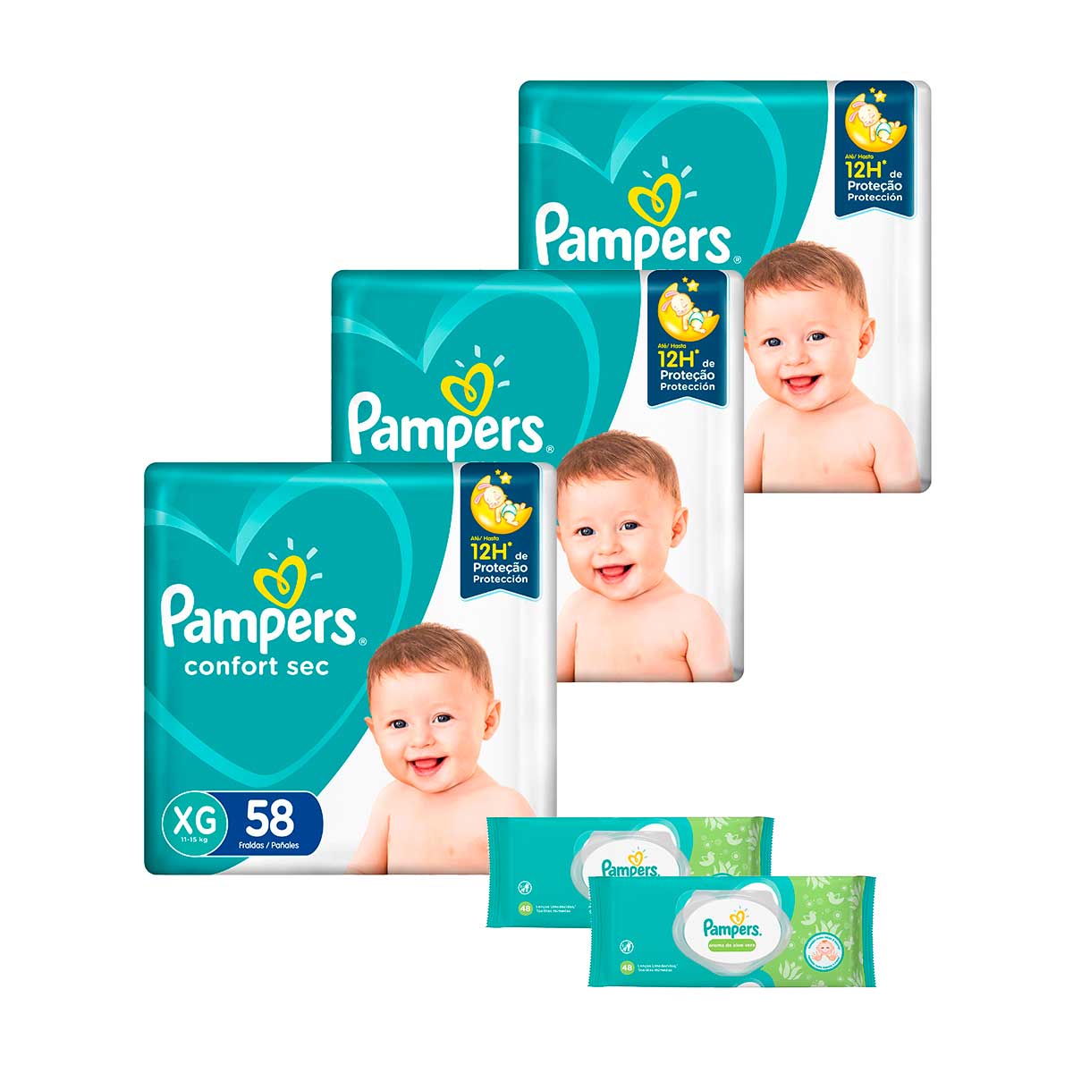 Kit Pampers XG Confort Sec Super 174 Unidades + Lenço Umedecido Pampers Aloevera 96 Unidades