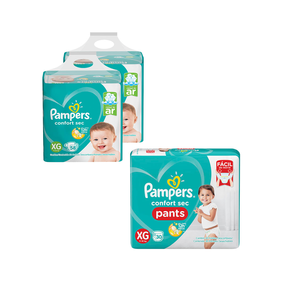 Kit de Fraldas Pampers Confort Sec XG Super 116 Unidade + Fraldas Pampers Confort Sec Pants XG Mega 30 Unidades