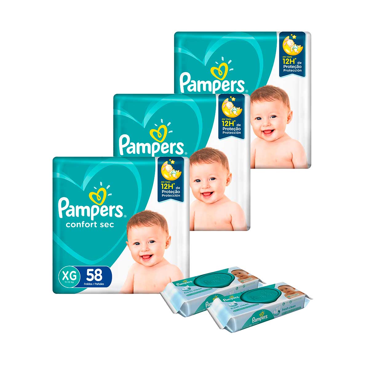 Kit Pampers XG Confort Sec Super 174 Unidades + Lenço Umedecido Pampers Cheirinho de Bebê 96 Unidades
