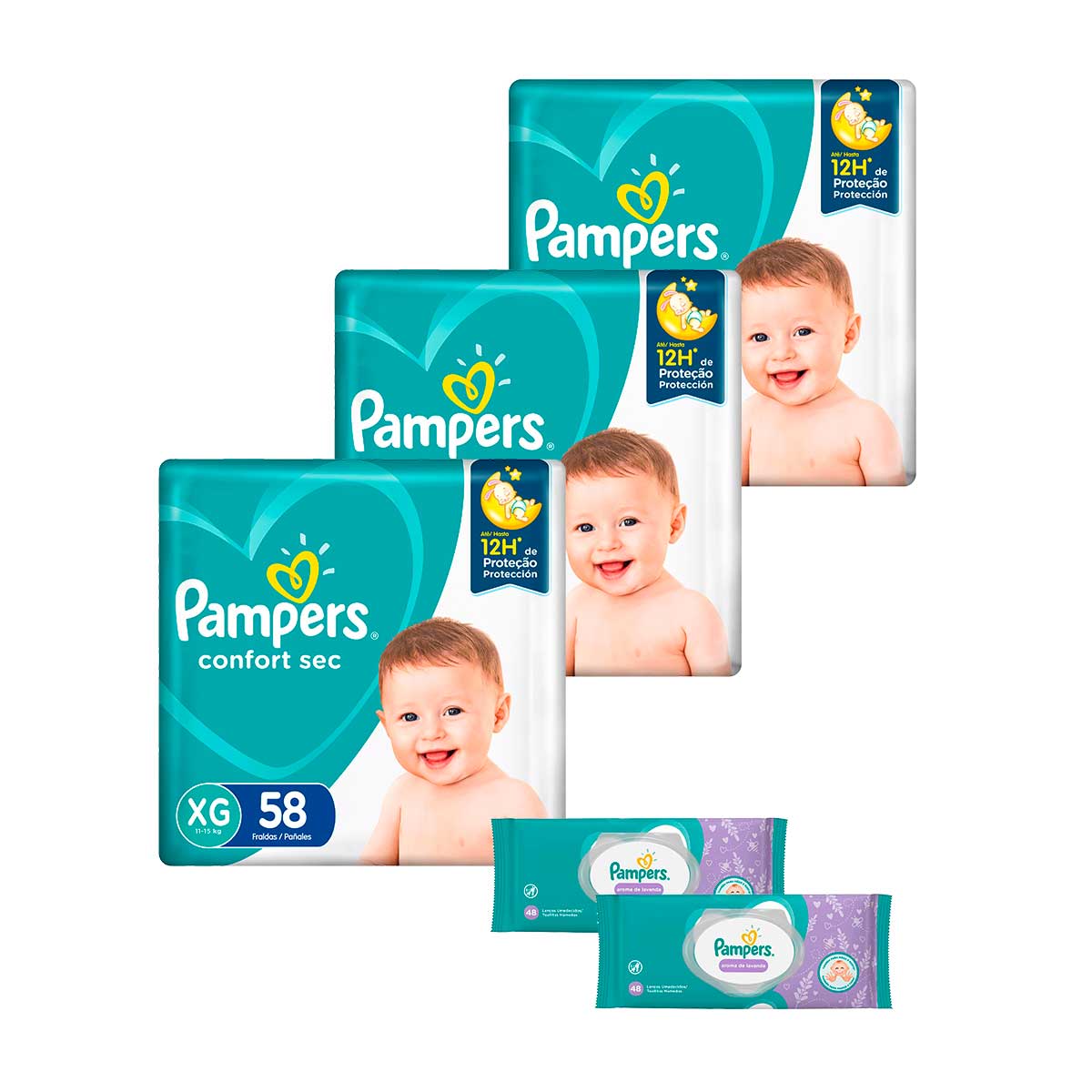 Kit Pampers XG Confort Sec Super 174 Unidades + Lenço Umedecido Pampers Lavanda 96 Unidades