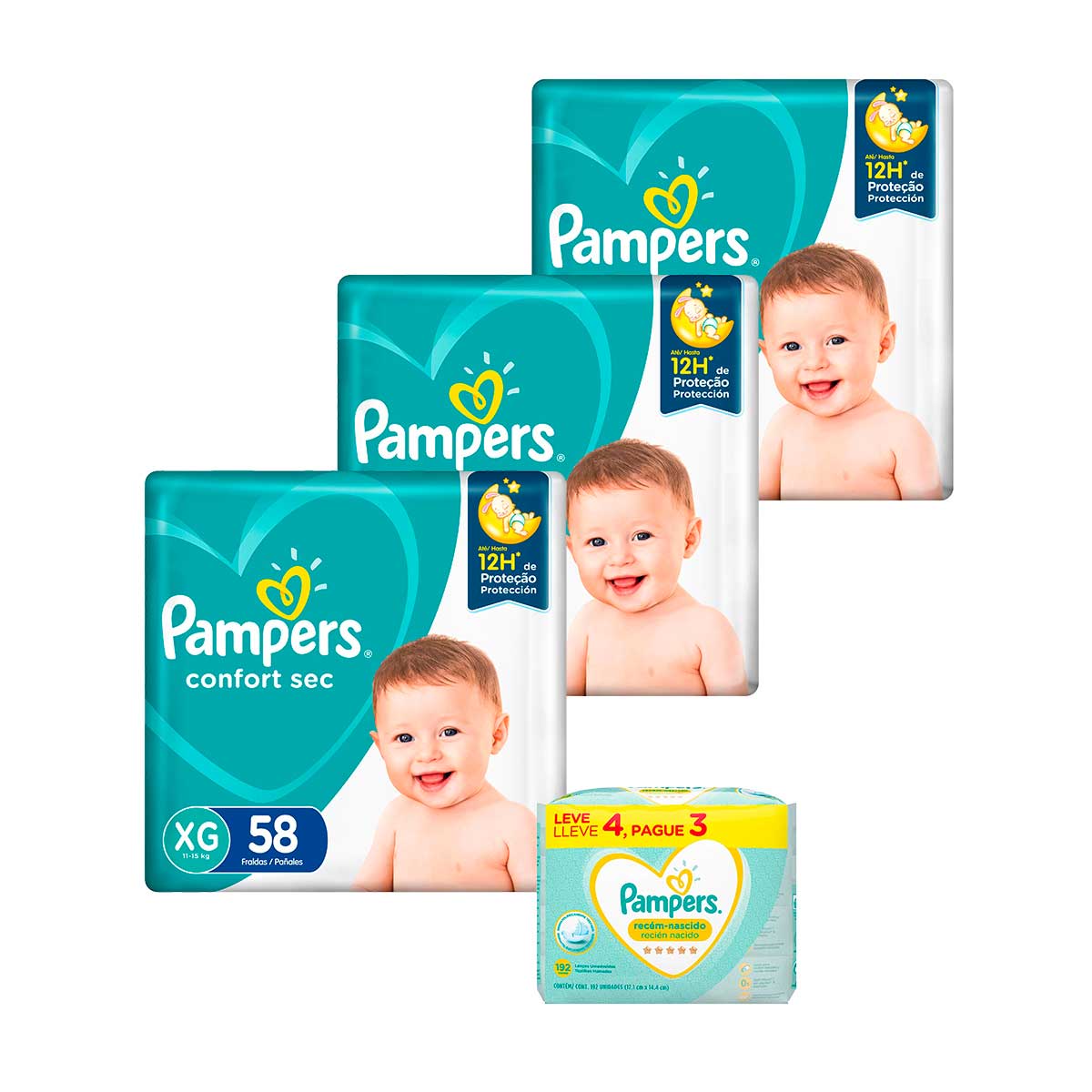 Kit Pampers XG Confort Sec Super 174 Unidades + Lenço Umedecido Pampers Sensitive 192 Unidades