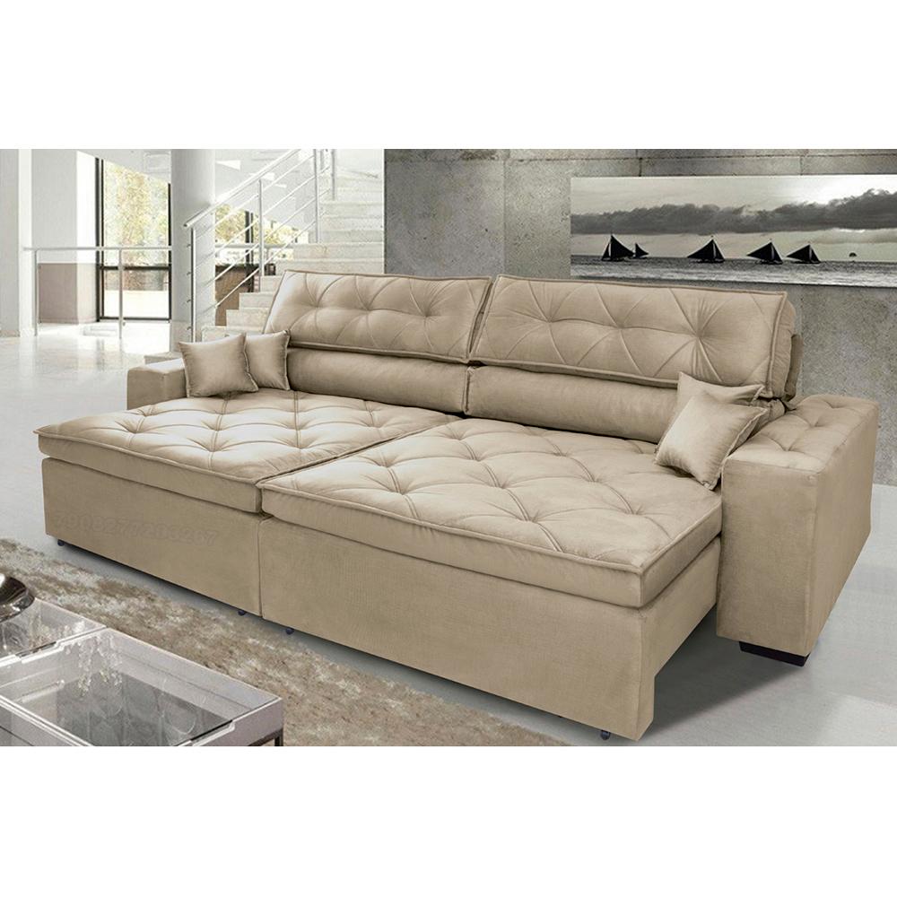 Sofá Austin 2,22m Retrátil, Reclinável com Molas no Assento e Almofadas, Tecido Suede Bege