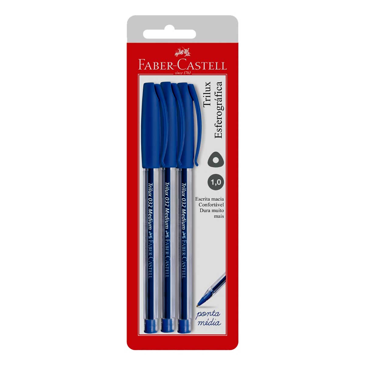 Caneta Esferográfica Trilux Azul 1.0mm 3 Unidades Faber Castell