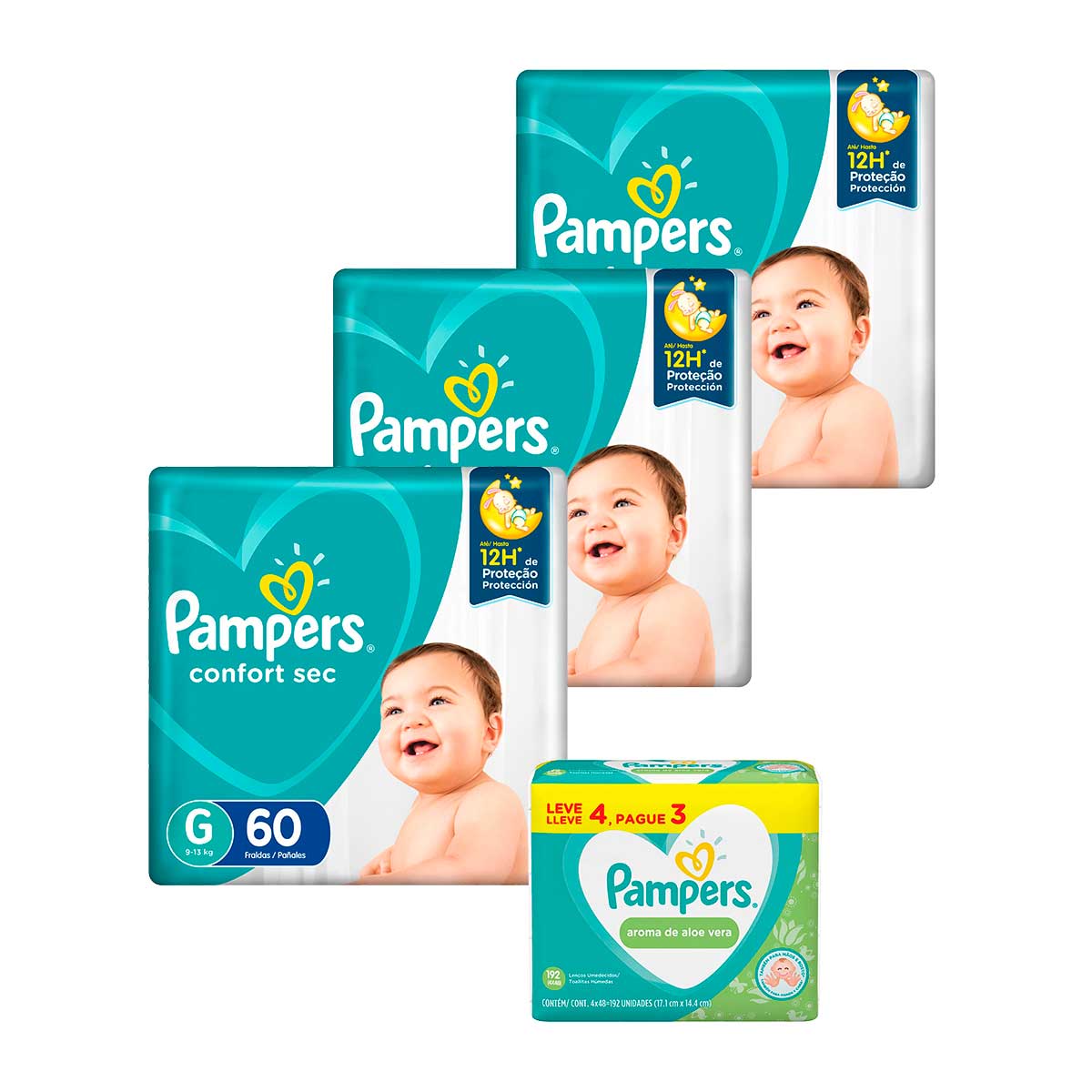 Kit Pampers G Confort Sec Super 180 Unidades + Lenço Umedecido Pampers Aloevera 192 Unidades