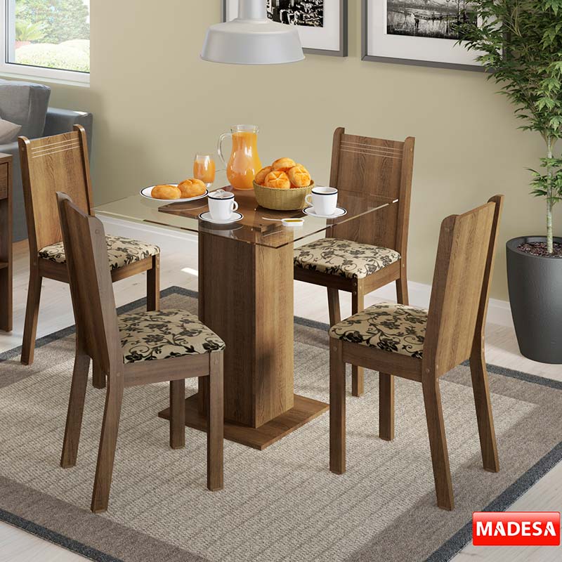 Conjunto Mesa Tampo de Vidro C/ 4 Cadeiras Sabrina - Madesa - Rustic / Bege
