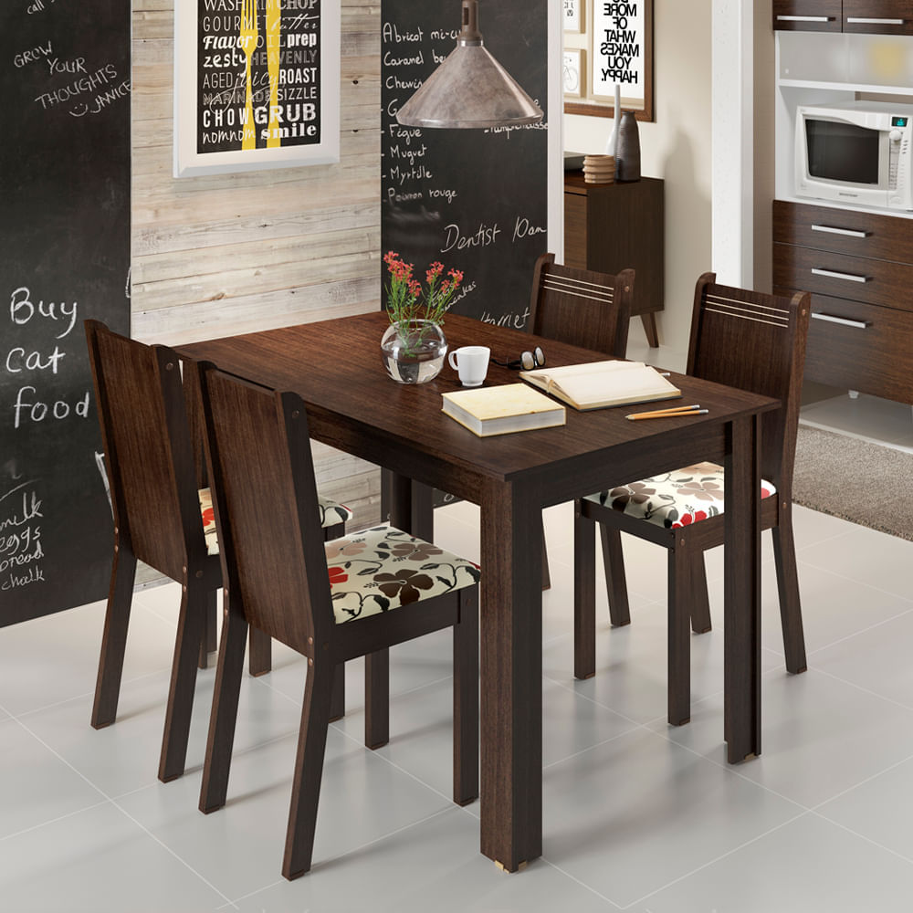 Conjunto para Sala de Jantar Mesa e 4 Cadeiras Rosie Madesa Rustic/Hibiscos