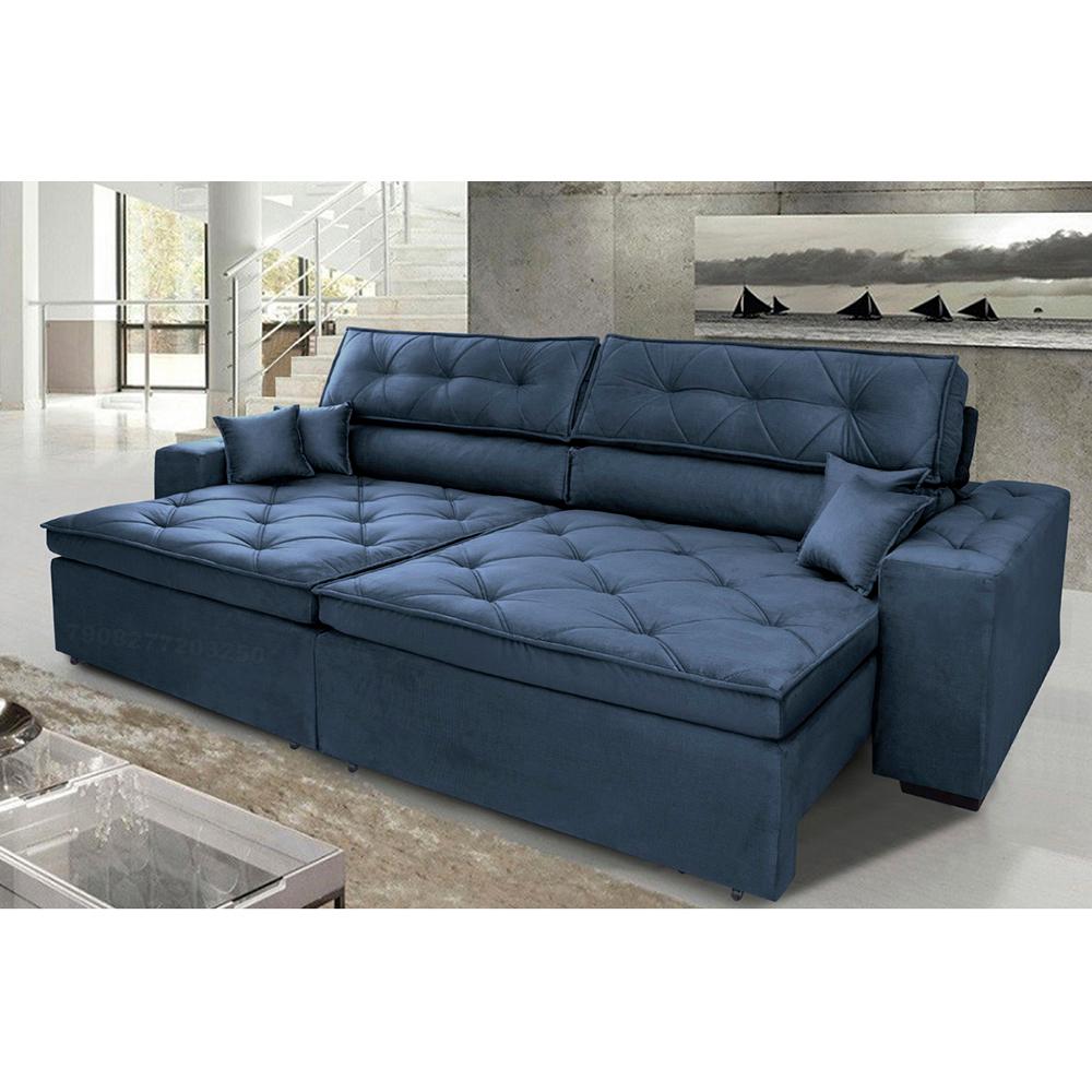 Sofá Austin 2,82m Retrátil, Reclinável com Molas no Assento e Almofadas, Tecido Suede Azul
