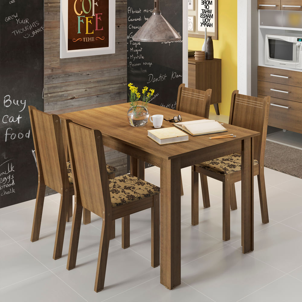 Conjunto para Sala de Jantar Mesa e 4 Cadeiras Rosie Madesa Rustic/Bege/Marrom
