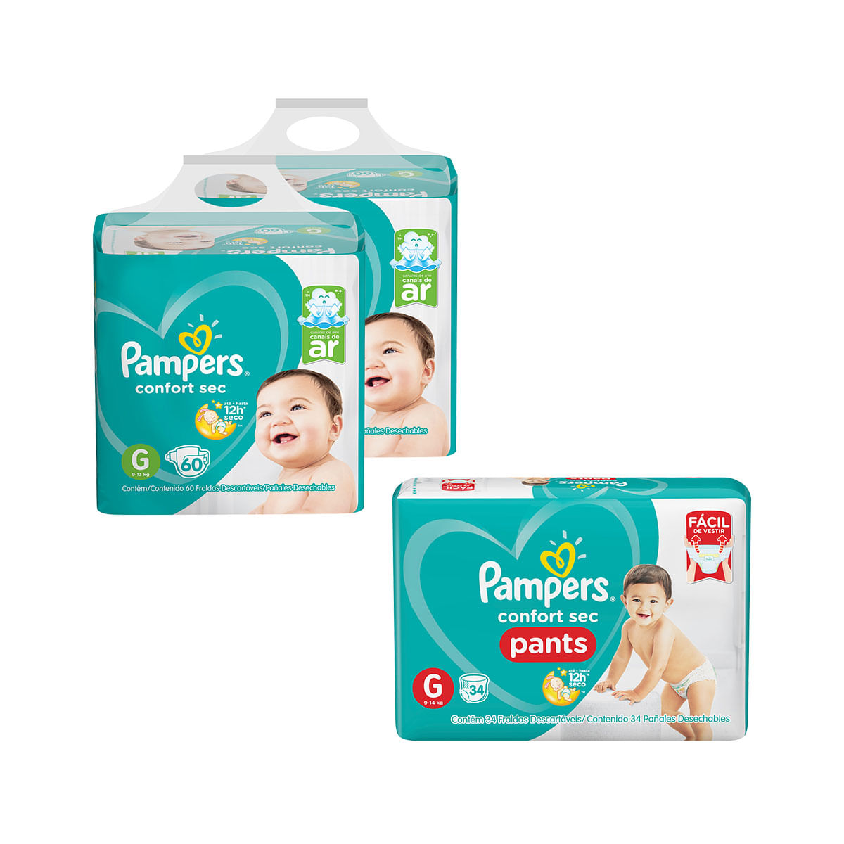 Kit de Fraldas Pampers Confort Sec G Super 120 Unidade + Fraldas Pampers Confort Sec Pants G Mega 34 Unidades