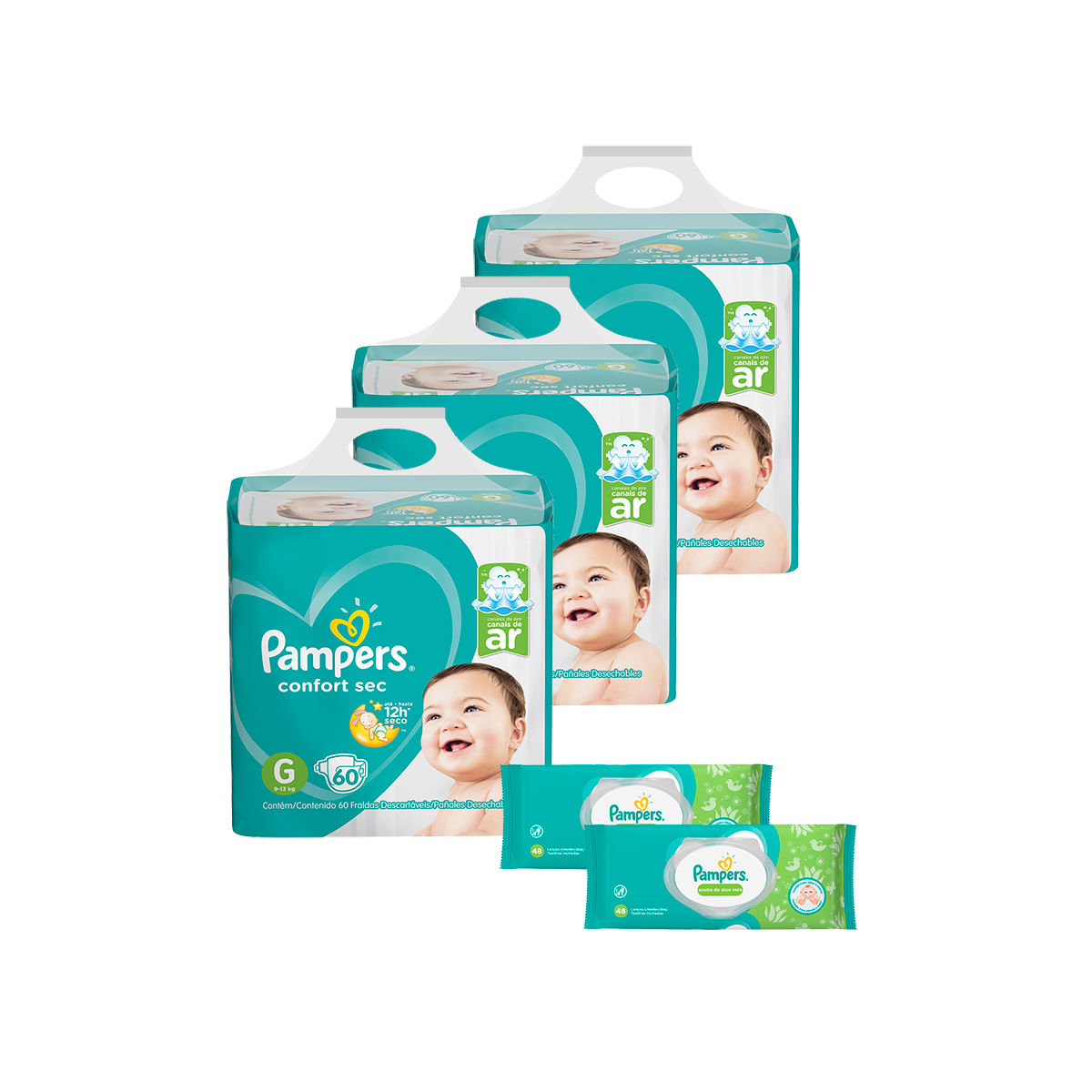Kit Pampers G Confort Sec Super 180 Unidades + Lenço Umedecido Pampers Aloevera 96 Unidades