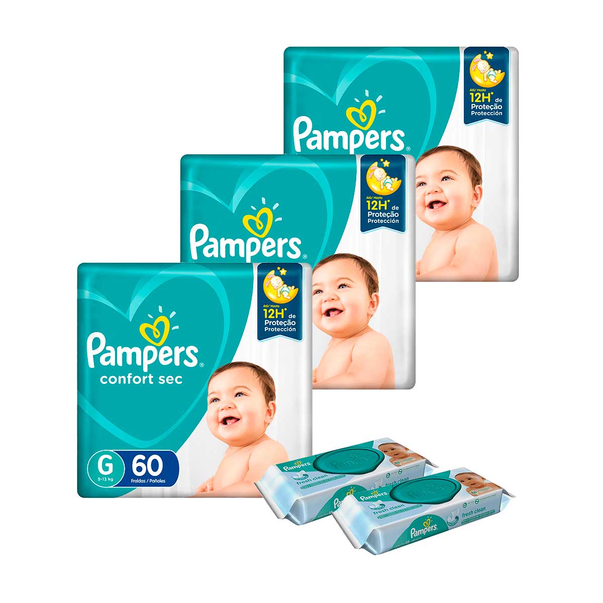 Kit Pampers G Confort Sec Super 180 Unidades + Lenço Umedecido Pampers Cheirinho de Bebê 96 Unidades