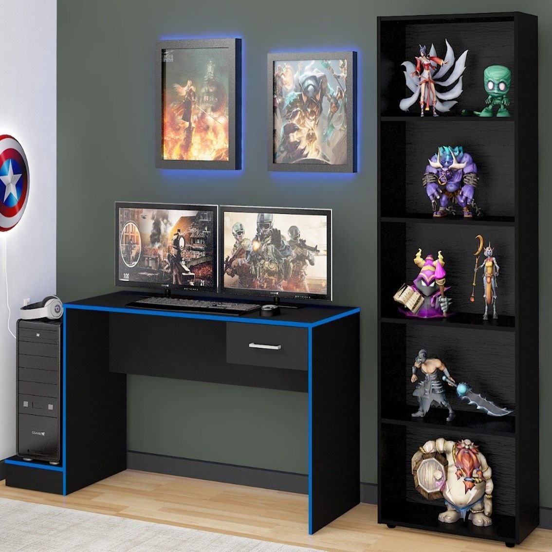 Conjunto 2 Peças Com 1 Escrivaninha Gamer E 1 Estante Para Livros 5 Prateleiras Branco