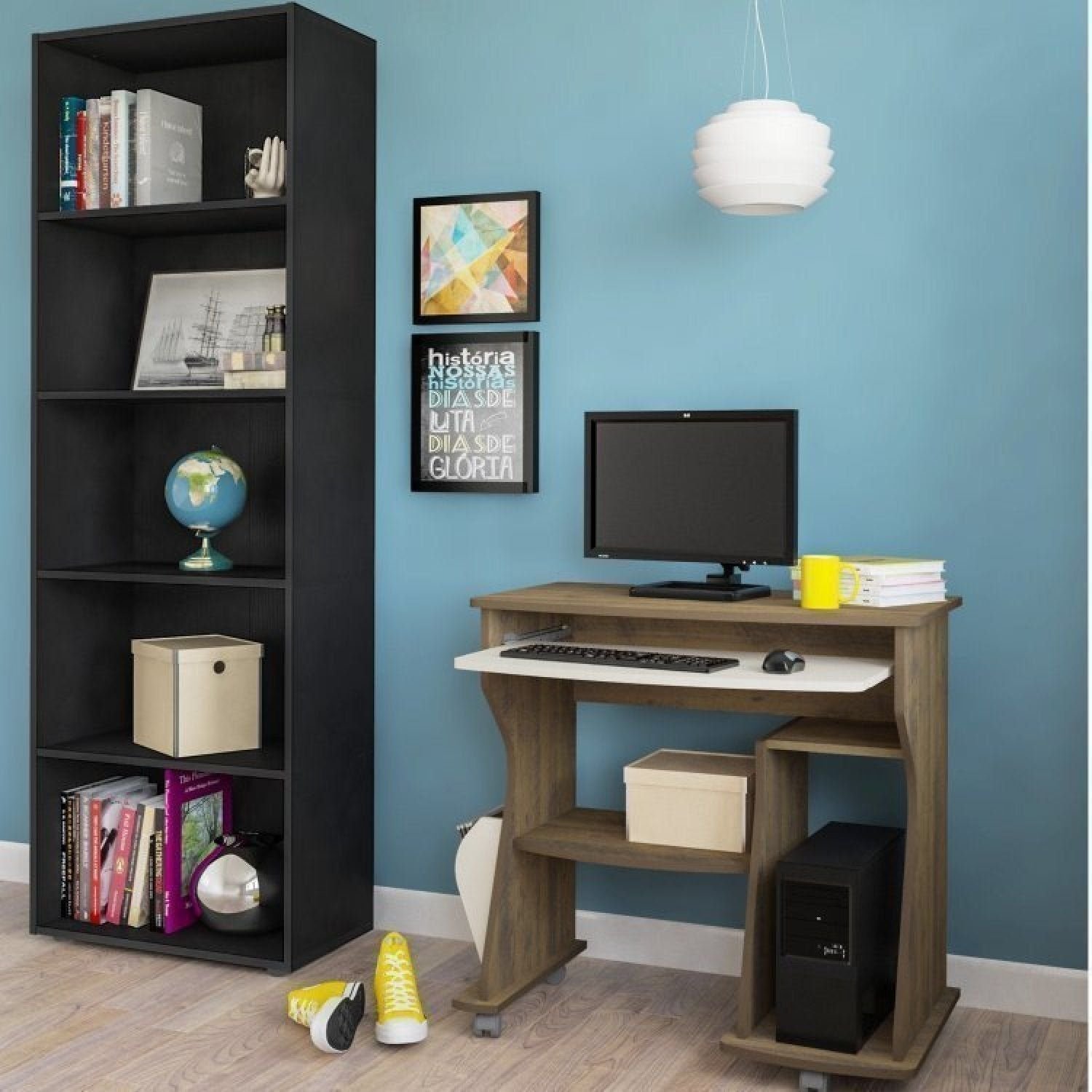 Escrivaninha Mesa Escritório Para Computador E Estante 100% Mdf Preto/nogal Pinho/off White