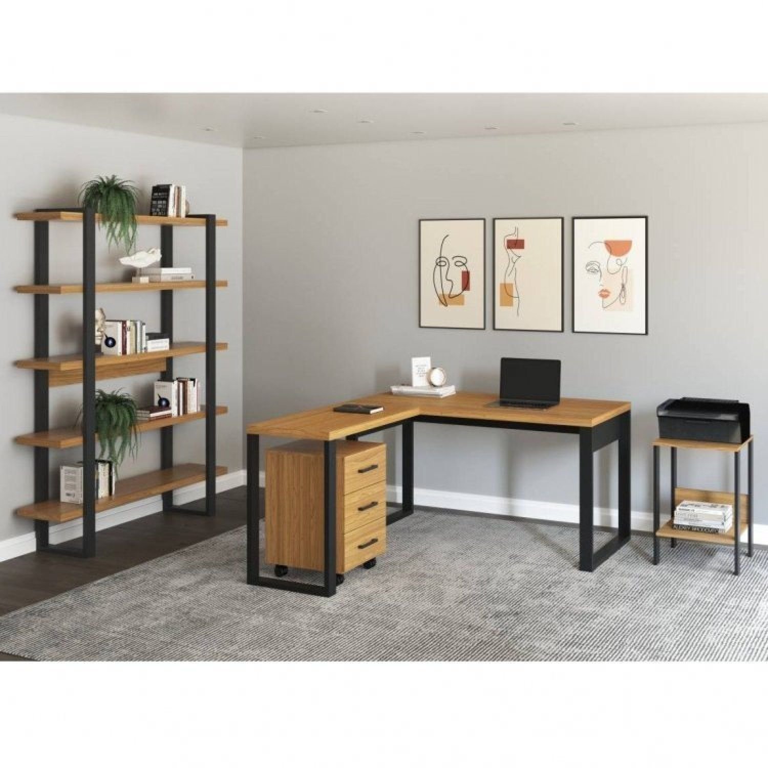 Conjunto 4 Peças Com 1 Escrivaninha Em L, 1 Mesa, 1 Gaveteiro E 1 Estante Industrial Preto Freijó Marrom 100% Mdf Preto/freijó