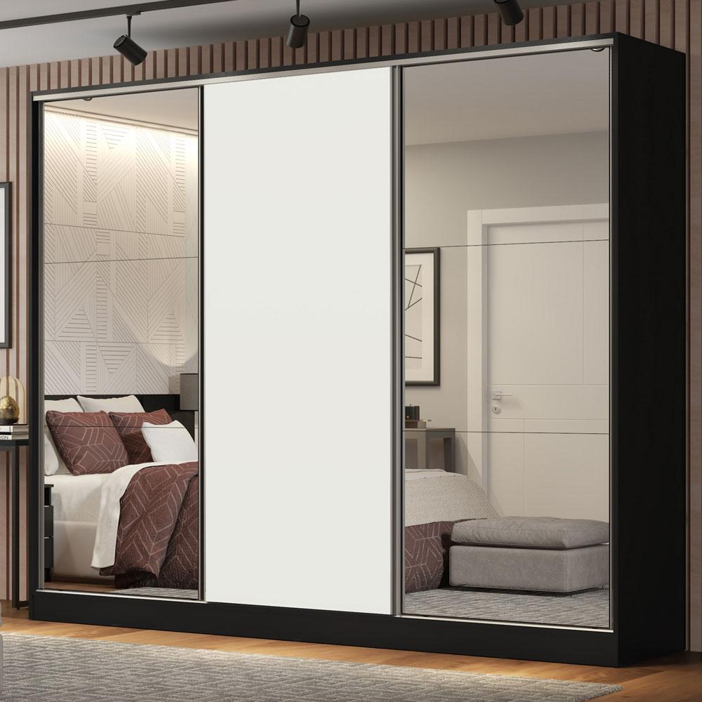 Guarda Roupa Casal 100% MDF Madesa Royale 3 Portas de Correr com Espelhos - Preto/Branco