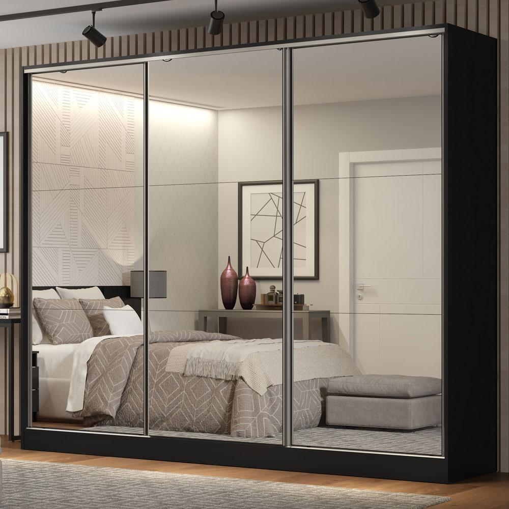 Guarda-Roupa Casal 100% MDF Madesa Royale 3 Portas de Correr com Espelho - Preto