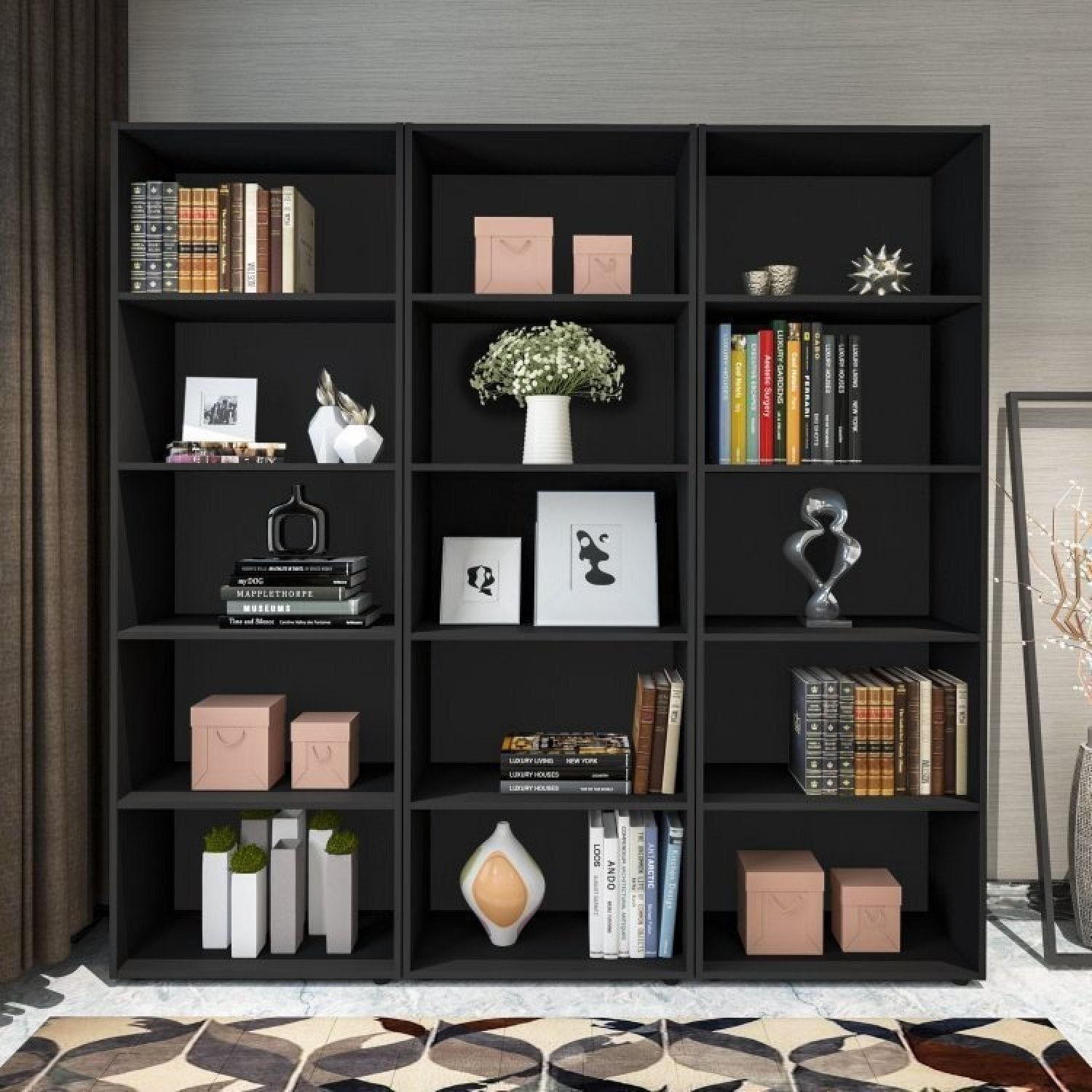 Conjunto De 3 Estantes Para Livros Biblioteca 15 Nichos 1,8x1,8m Multy Espresso Móveis