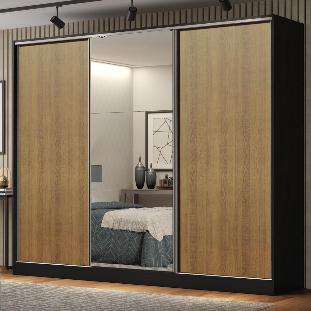 Guarda-Roupa Casal 100% MDF Madesa Royale 3 Portas de Correr com Espelho - Preto/Rustic