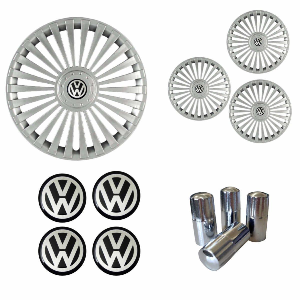 Jogo Calota Aro 15 Europa Premium Volkswagen + Emblema Resinado + Tampa Ventil Cromada