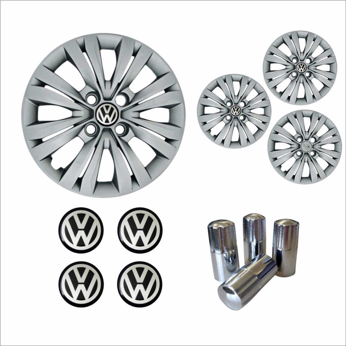 Jogo Calota Aro 15 Gol G7 2017 2018 Volkswagen + Emblema Resinado + Tampa Ventil Cromada