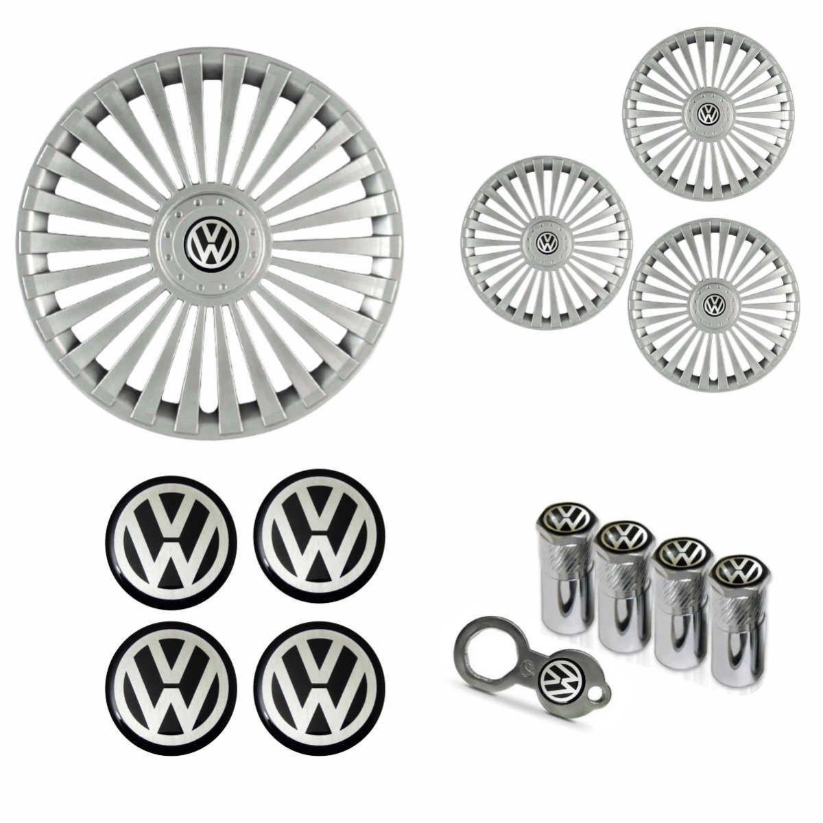 Jogo Calota Aro 15 Europa Premium Volkswagen + Emblema Resinado + Tampa Ventil Antifurto