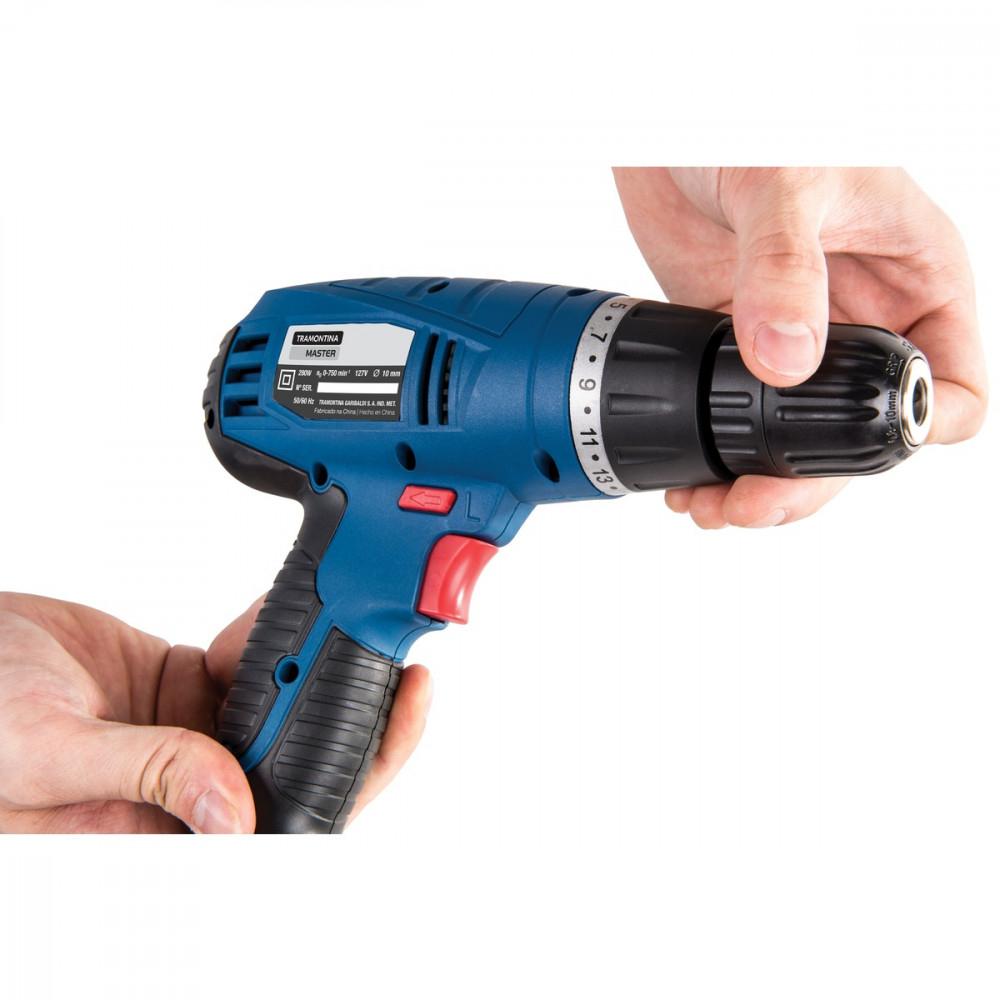 Parafusadeira/Furadeira 280W 3/8' 220V Tramontina para uso profissional com velocidade variável e sistema de reversão