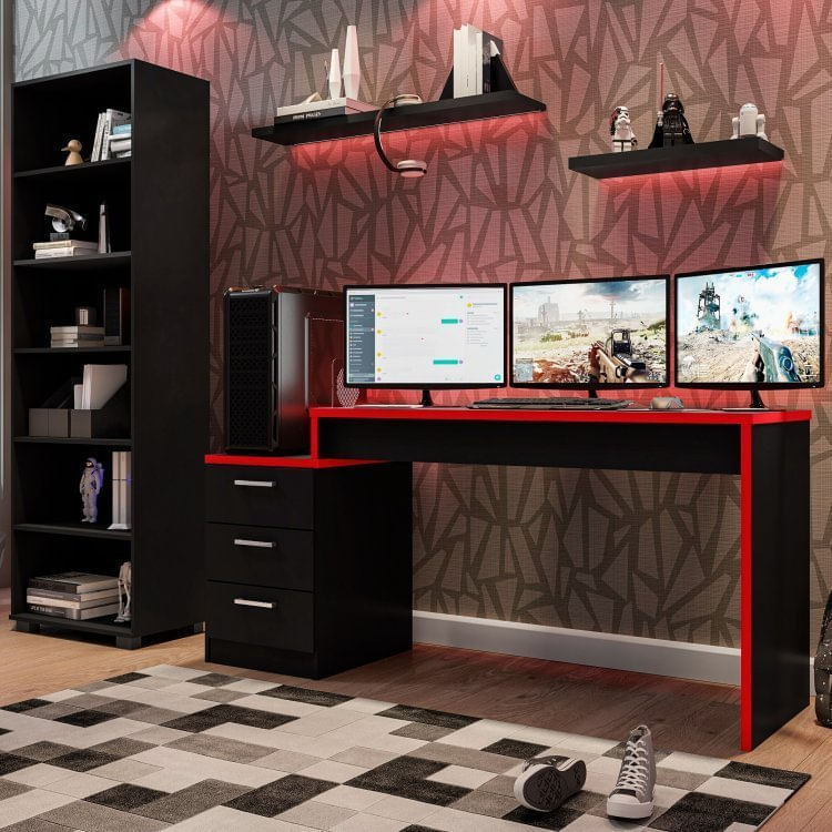 Conjunto Home Office 2 Peças Mesa Gamer e Estante 5 Prateleiras Móveis Leão Preto/Vermelho