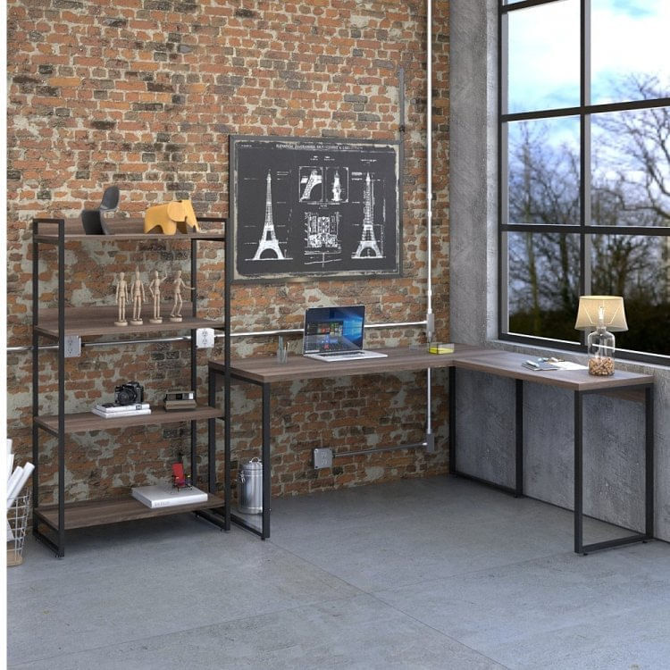Conjunto Home Office 2 Peças com 1 Escrivaninha em L e 1 Estante 4 Prateleiras Kuadra Compace Nogal