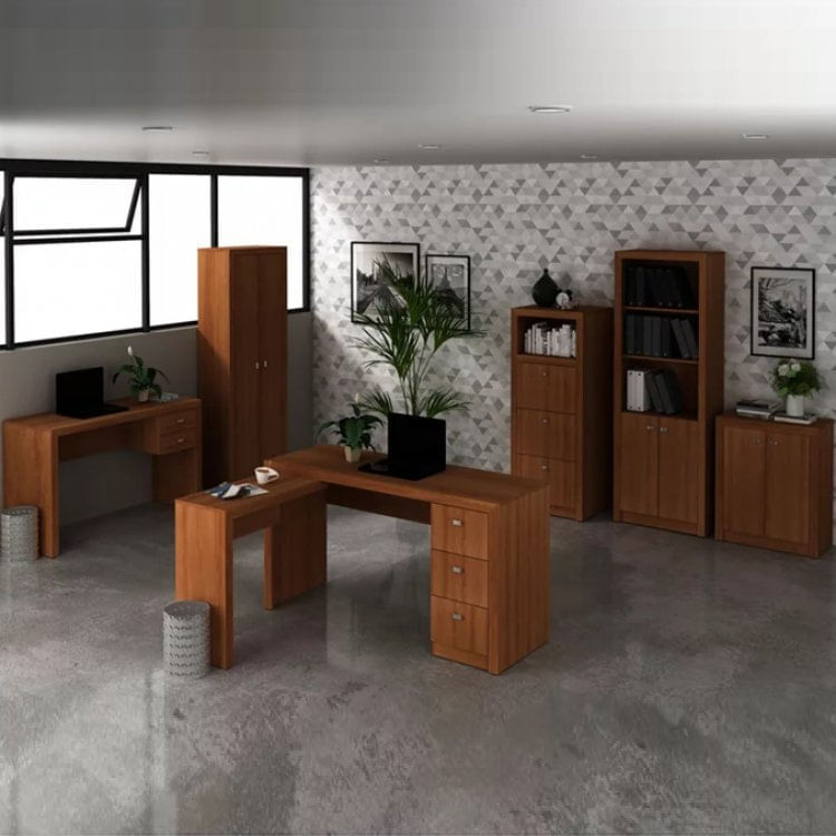 Conjunto Home Office 2 Escrivaninhas, 2 Armários, 1 Balcão e 1 Estante Tecno Mobili Amendoa