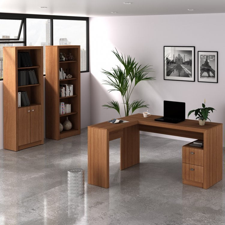 Conjunto Home Office 3 Peças com 1 Mesa para Escritório em L e 2 Estantes Tecno Mobili Amendoa
