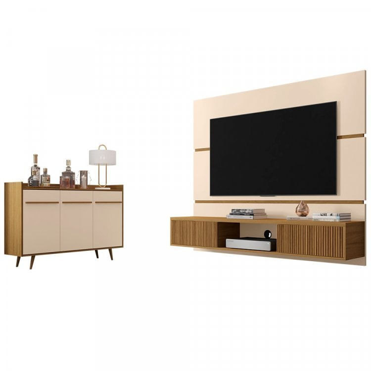 Conjunto Painel mbar para TV até 65 Polegadas e Buffet Quartzo Pés de Madeira Móveis Bechara Off White/Cinamomo