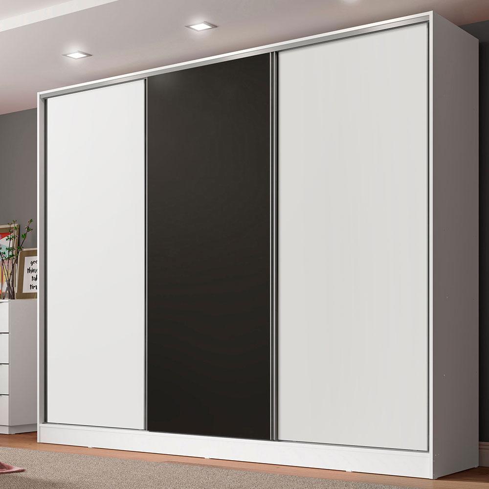 Guarda Roupa Casal 100% MDF Madesa Royale 3 Portas de Correr - Branco/Branco/Preto