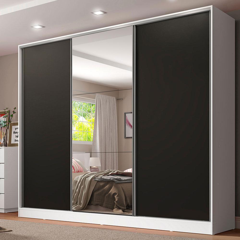 Guarda Roupa Casal 100% MDF Madesa Royale 3 Portas de Correr com Espelho - Branco/Preto