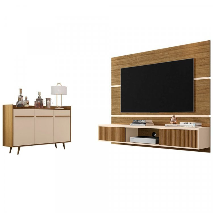 Conjunto Painel mbar para TV até 65 Polegadas e Buffet Quartzo Pés de Madeira Móveis Bechara Cinamomo/Off White