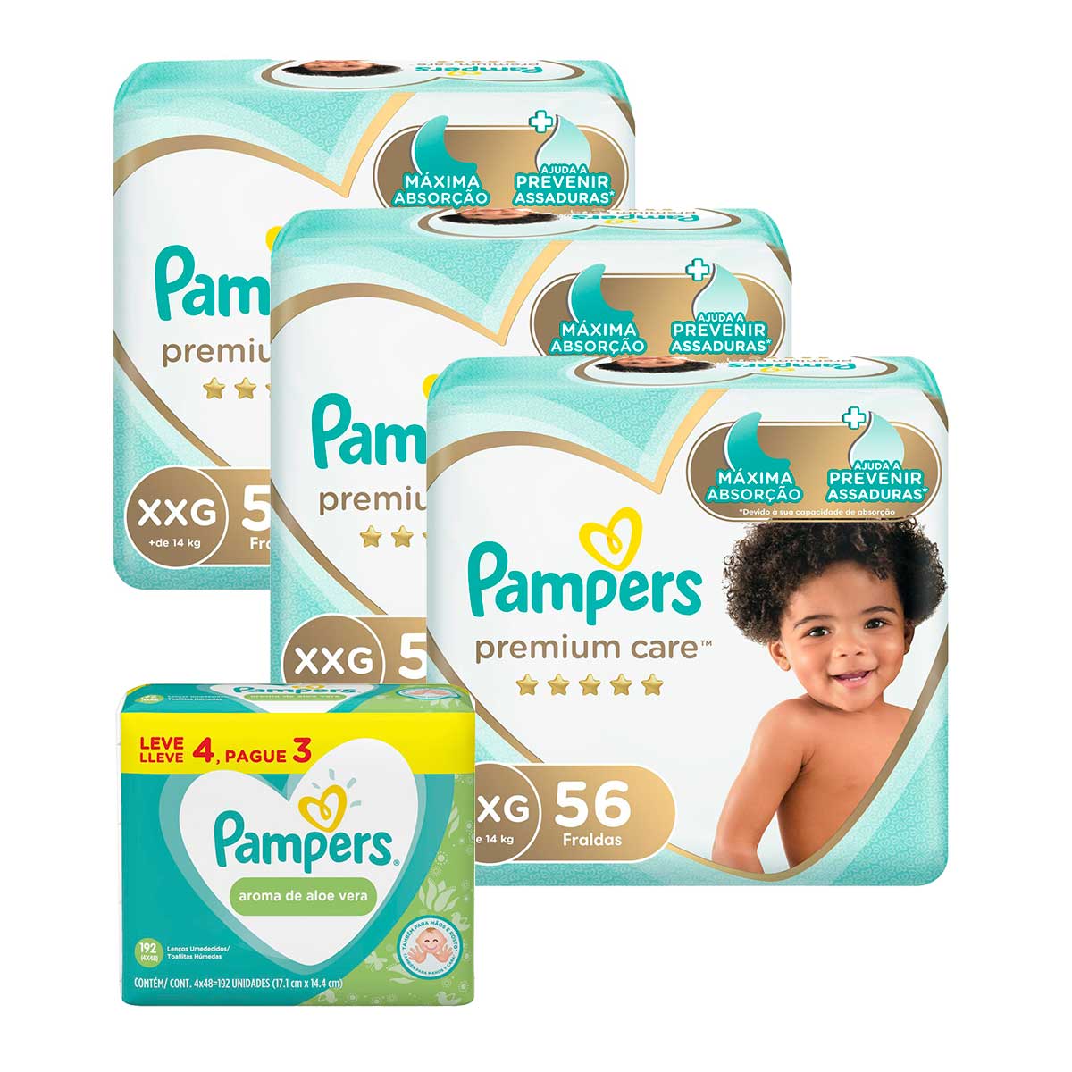 Kit Pampers XXG Premium Care Jumbo 168 Unidades + Lenço Umedecido Pampers Aloevera 384 Unidades
