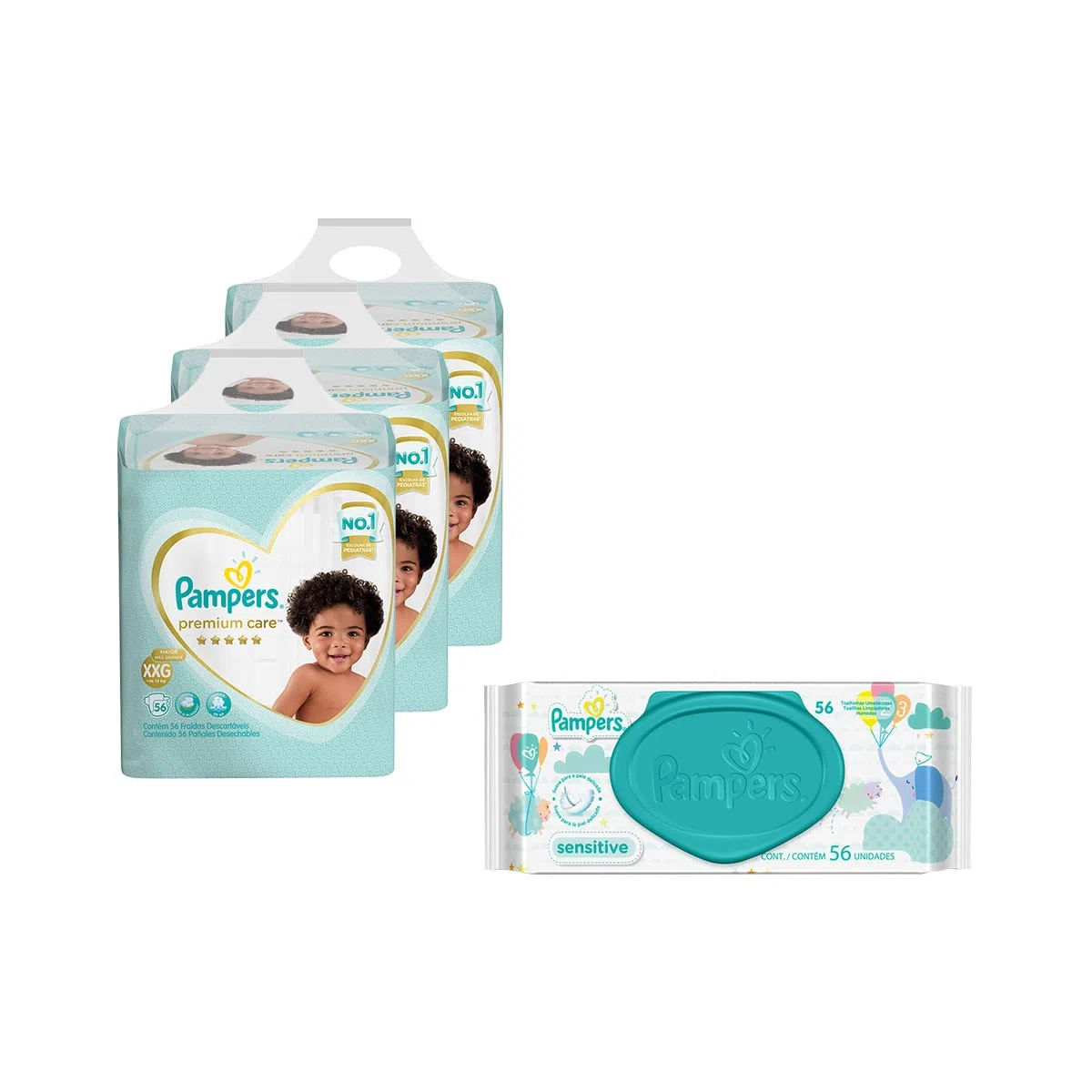 Kit de Fraldas Pampers Premium Care XXG Jumbo 168 Unidades + Lenço Umidecido Pampers Sensitive 56 Unidades