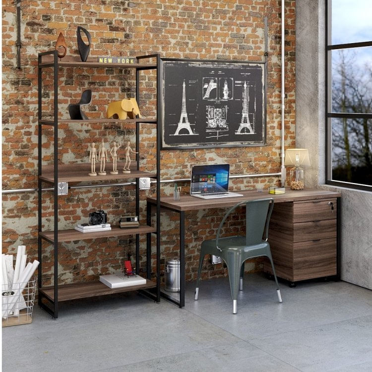 Conjunto Home Office Industrial 3 Peças 1 Escrivaninha 1 Estante e 1 Gaveteiro Kuadra Compace Nogal
