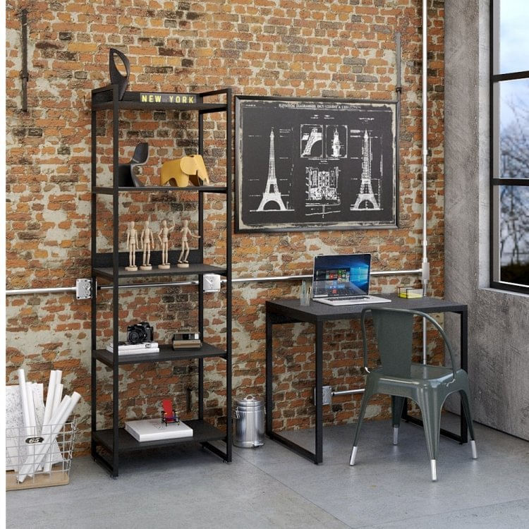 Conjunto Home Office 2 Peças com 1 Escrivaninha e 1 Estante 5 Prateleiras Kuadra Compace Onix